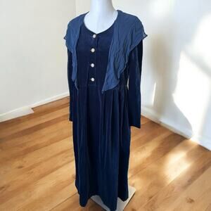 Vintage 80s Laura Ashley Navy Blue Velvet Maxi Dress Tie Collar 12 Cottagecore